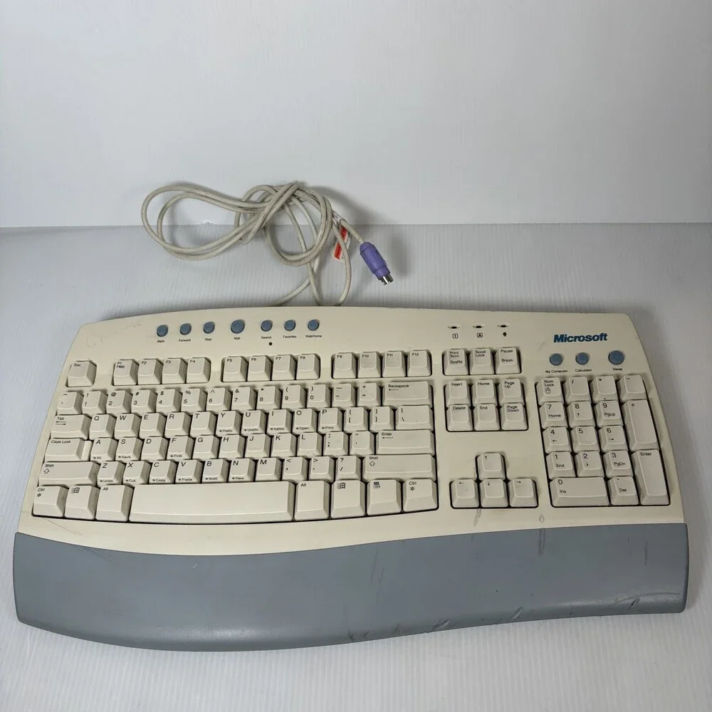 Vintage Microsoft Internet Keyboard PS/2 Wired Beige Gray Full-Size Multimedia